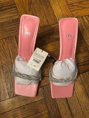 Zara Pink Rhinestone-Trim Slide Mules